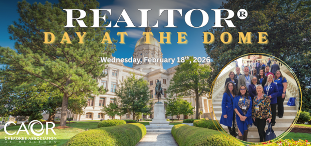 Photo of the Capitol Dome in Atlanta with another photo in the foreground of our members on the steps inside the building